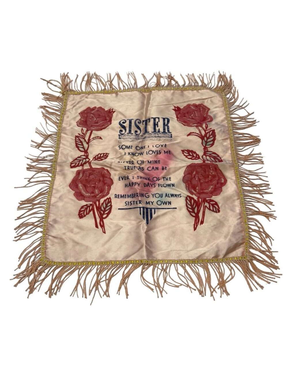 Vintage Pink Champagne Satin Sister Poem Pillow Cover Fringed Roses 16"